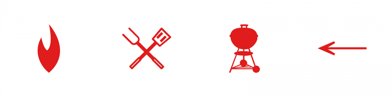4 icons; a flame, BBQ tools, a Weber BBQ, and a back arrow.