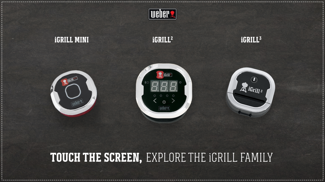 A screen from the attract loop that shows the 3 versions of the iGrill from Weber