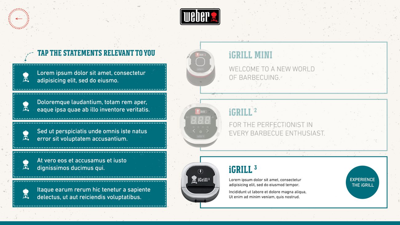 The product selector screen with all 5 statements selected, which filters the products on the right down to 1 (the other two are faded out now)