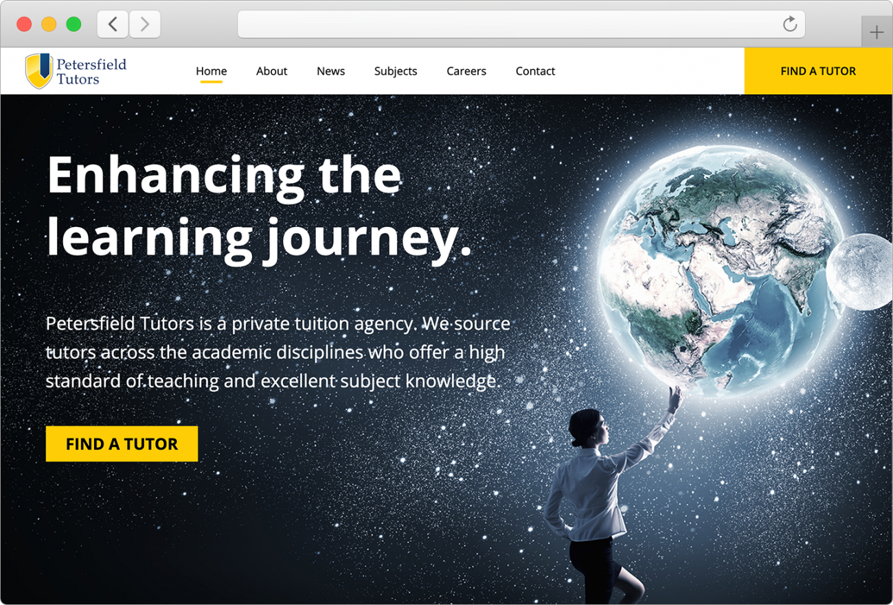 The final hero section on the home page was a full screen image of a woman in space reaching for the earth with text overlaying it.