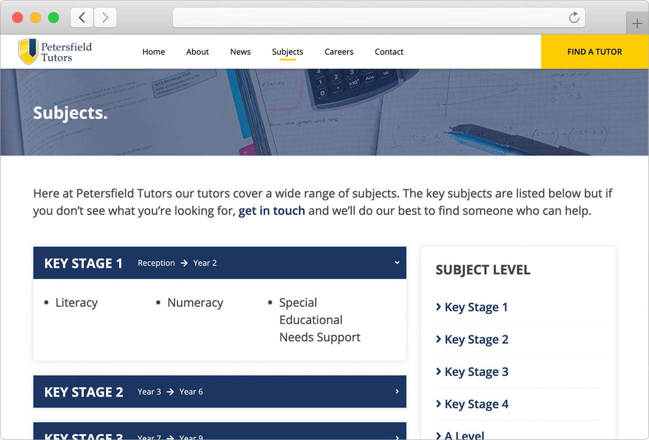 The final subjects page has accordions to easily see what subjects are available for different school years.