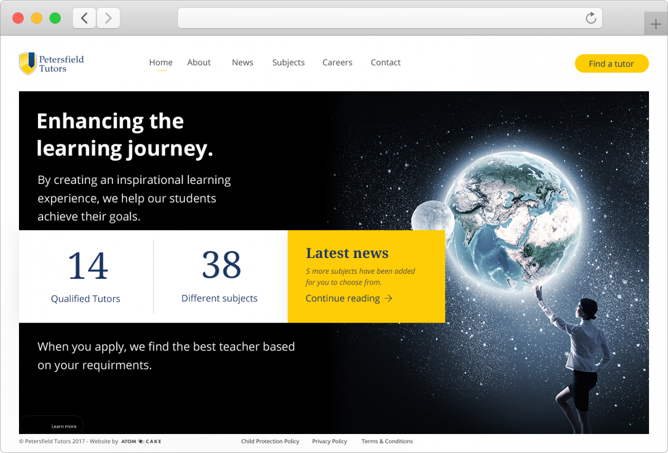 The initial modern design for the home page featured content within boxes that overlaid the larger background image.