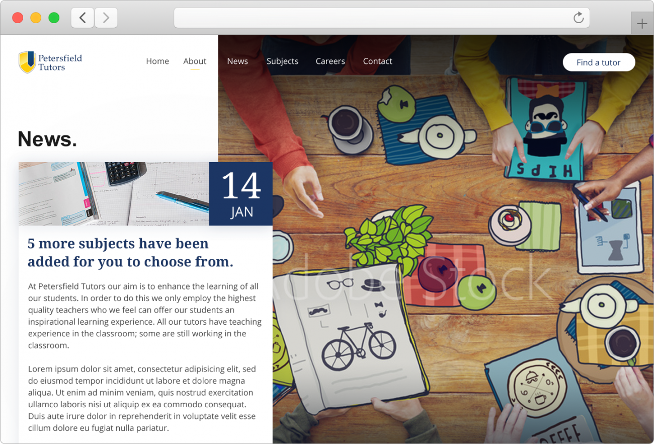 Similar to the About page, the news page had a fixed background image, and a scrolling news feed on the left.