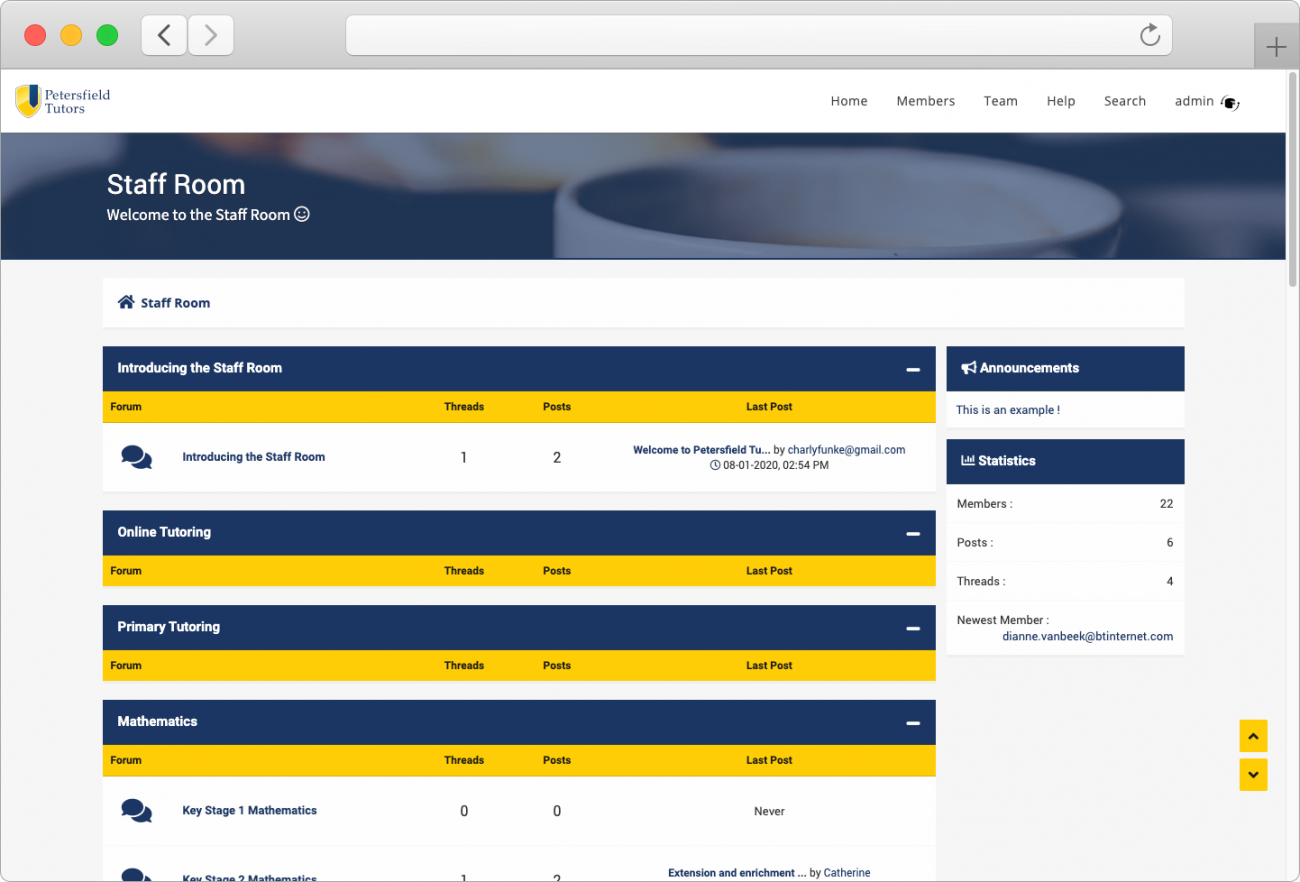The staff room is a typical forum layout that was themed using the new Petersfield Tutors branding