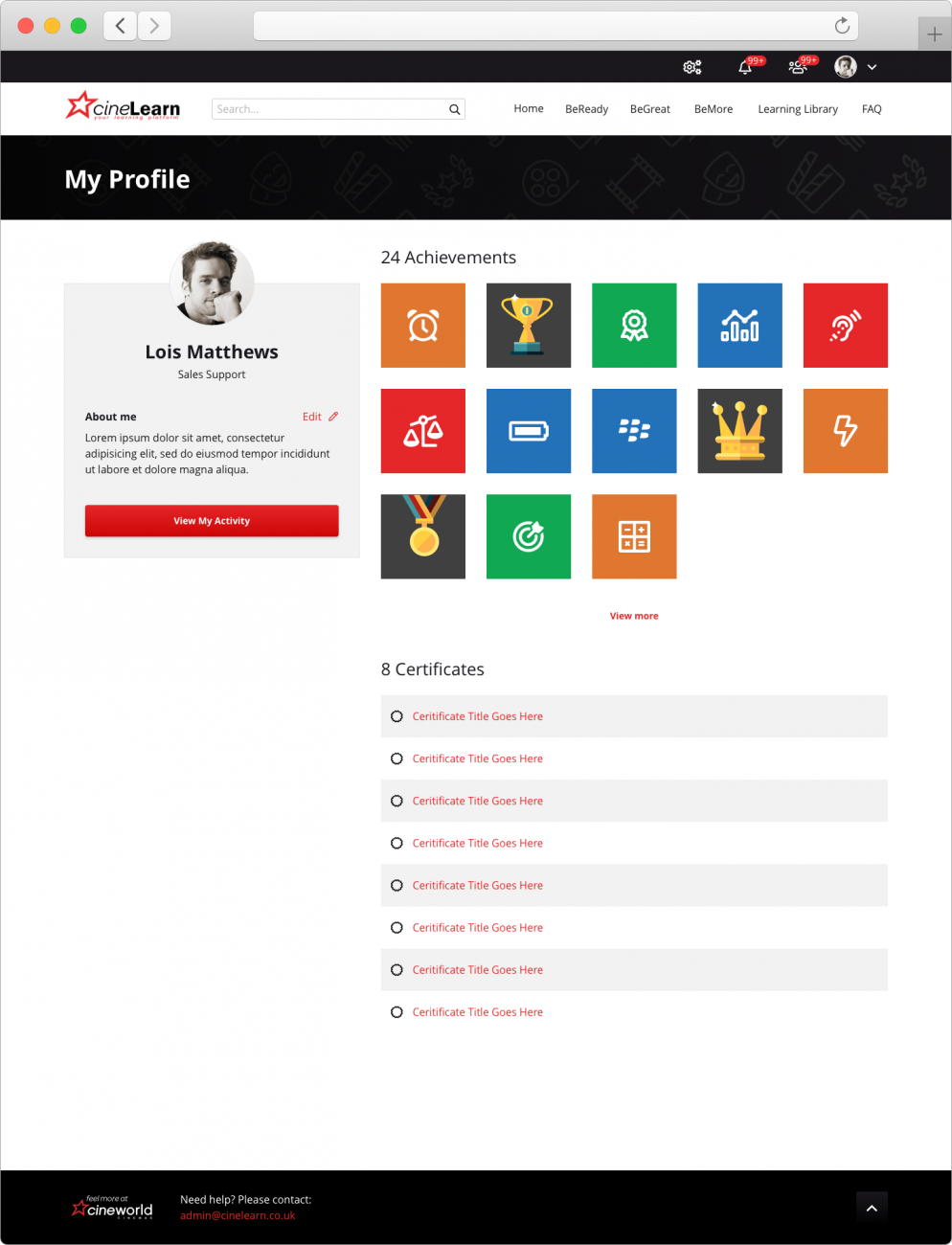 The Cineworld My Profile page looking very similar to the Core LMS design