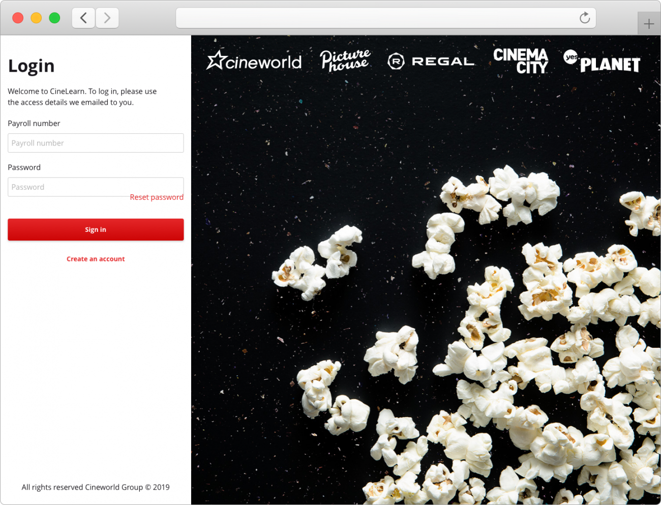 Final login design with 1 third login form, and 2 thirds image of popcorn cutout.