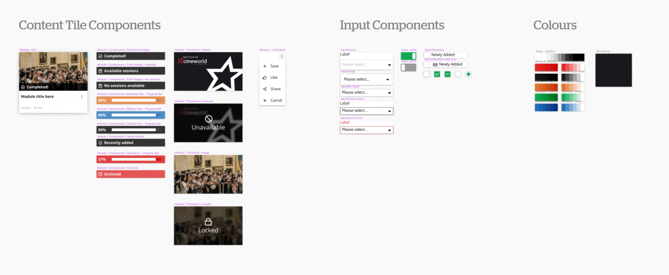 A preview of the small design system containing content tile components, input components, and colours.