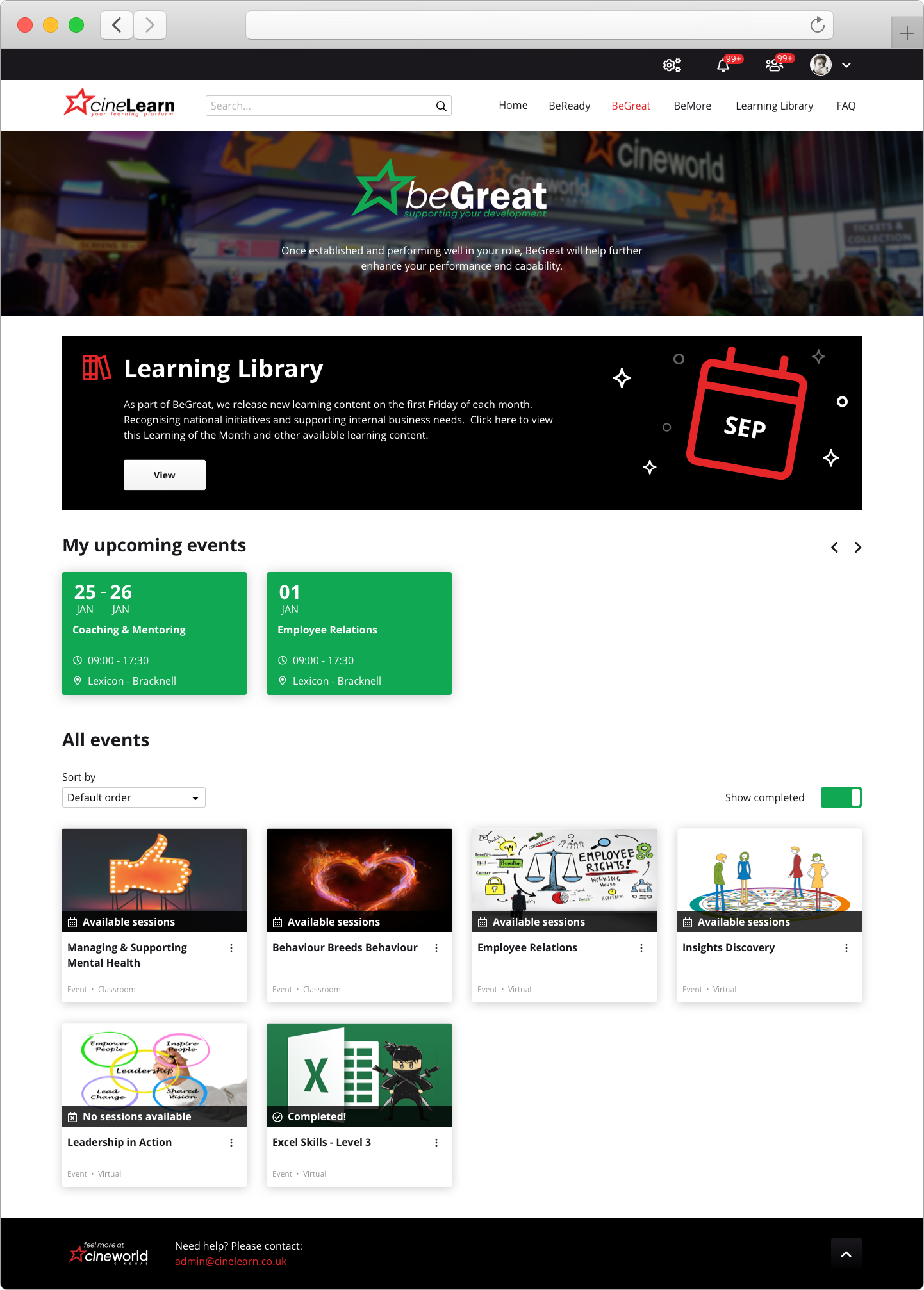 Cineworld LMS events page highlighting booked sessions and learning of the month