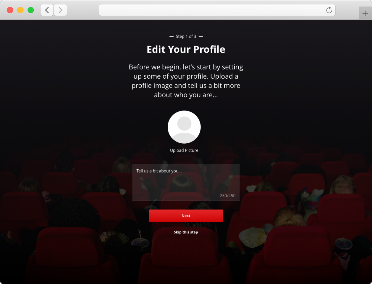 Onboarding step 1 design - capturing user details (profile picture and 'about me').