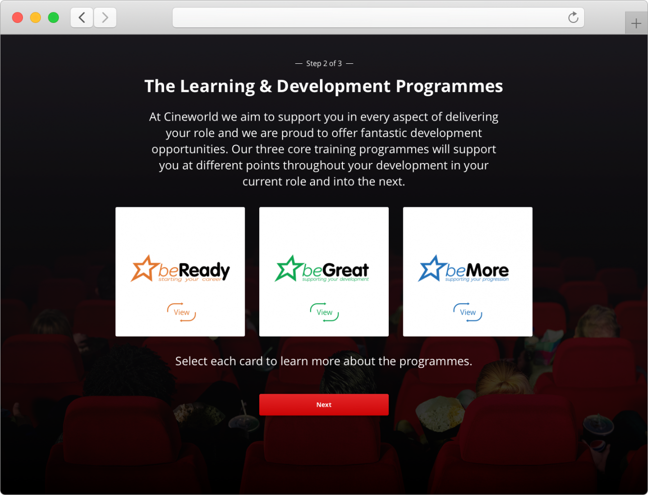 Onboarding step 2 design - explaining the learning programme; beReady, beGreat, and beMore