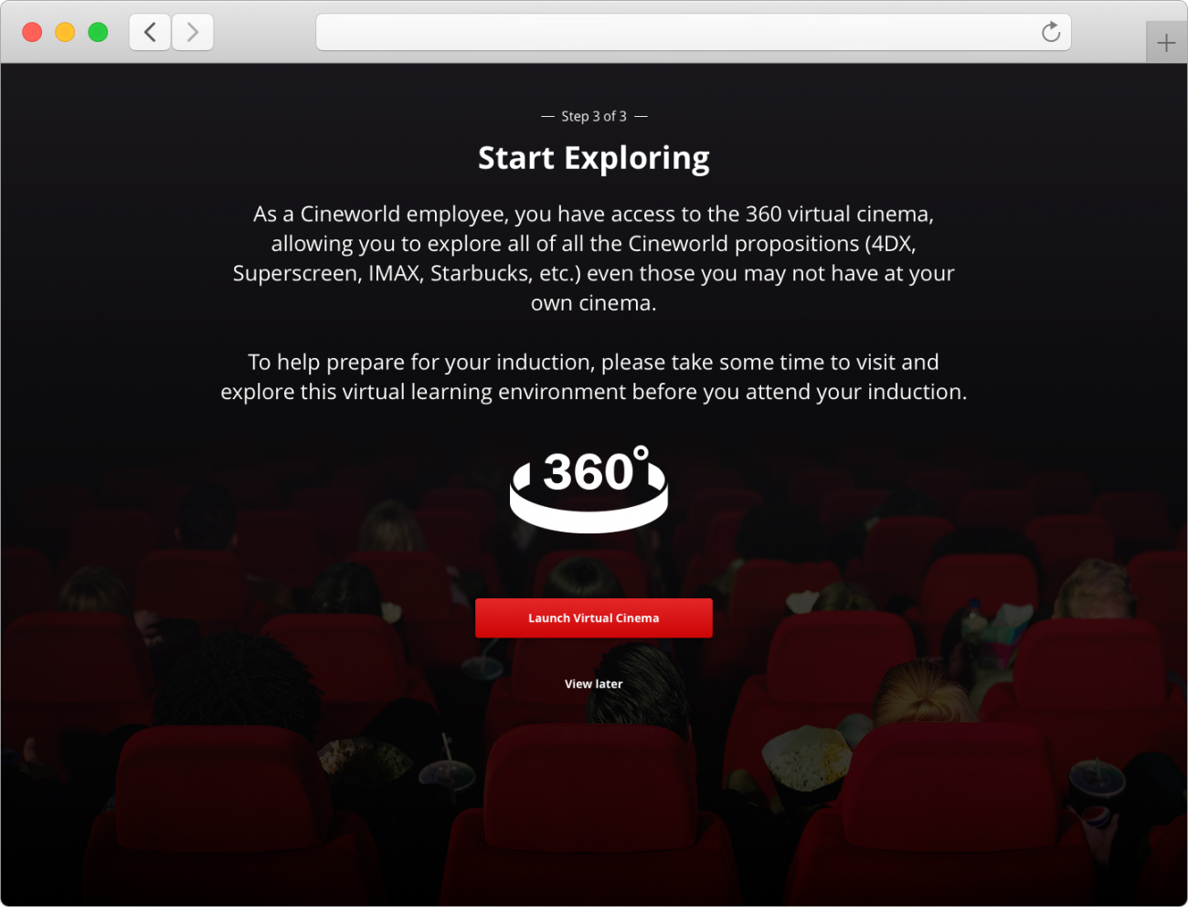 Onboard step 3 design - promoting virtual cinema with a 360 icon