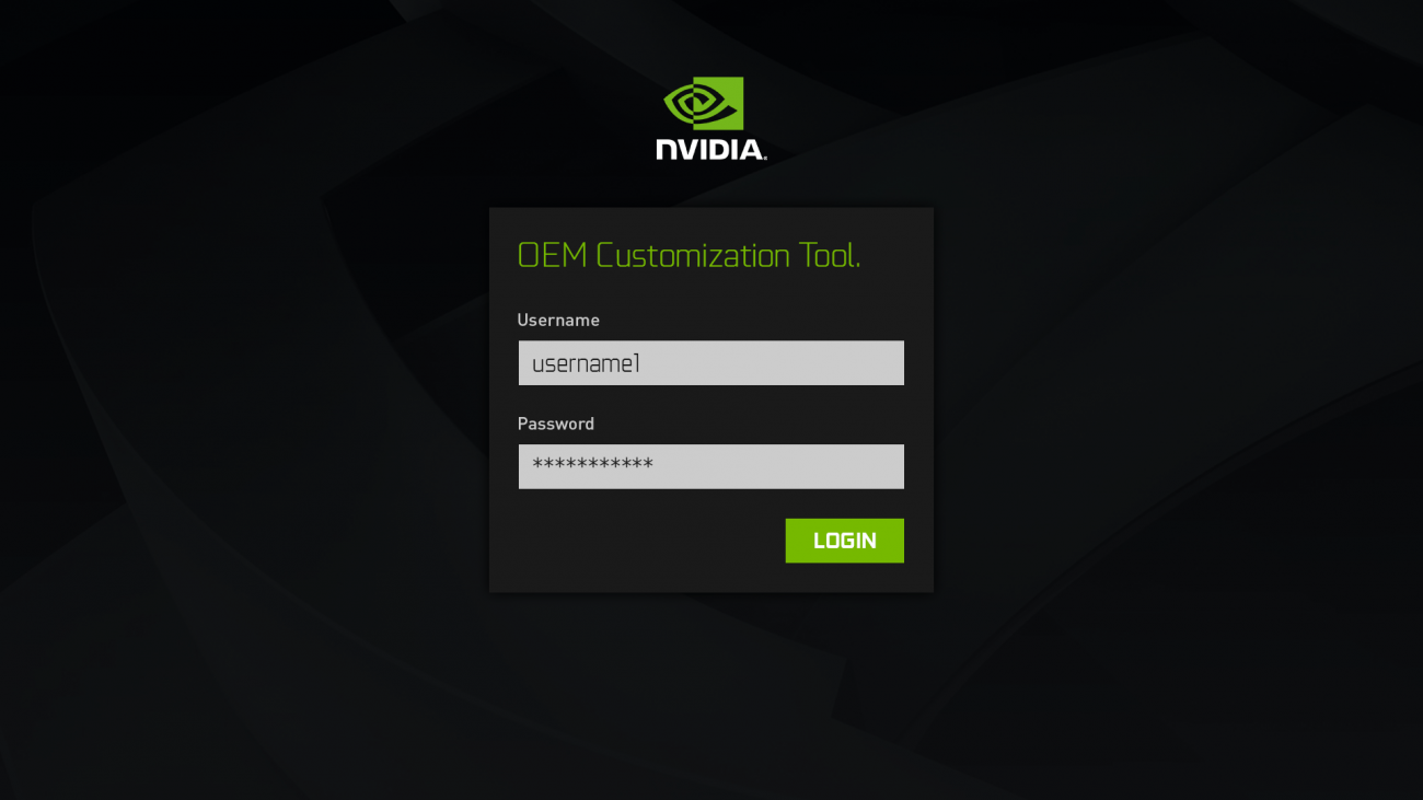 The designed login page for the NVIDIA OEM customization tool
