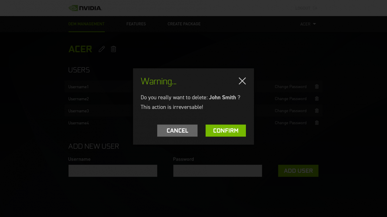 A warning popup design to confirm if the admin wants to delete a user.