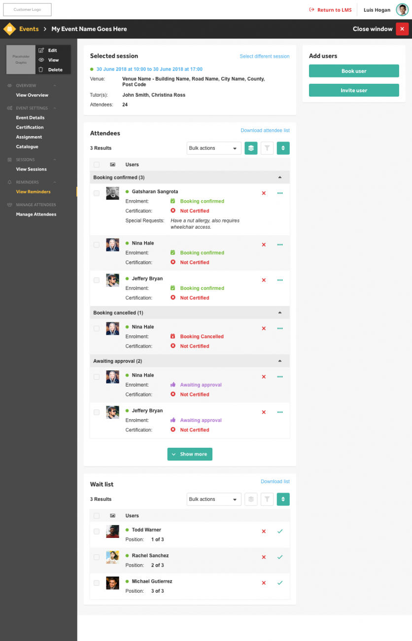 This is a design of the new attendees view of an event session. This particular screen is much more complex than a typical event as it shows a lot of different possible states.