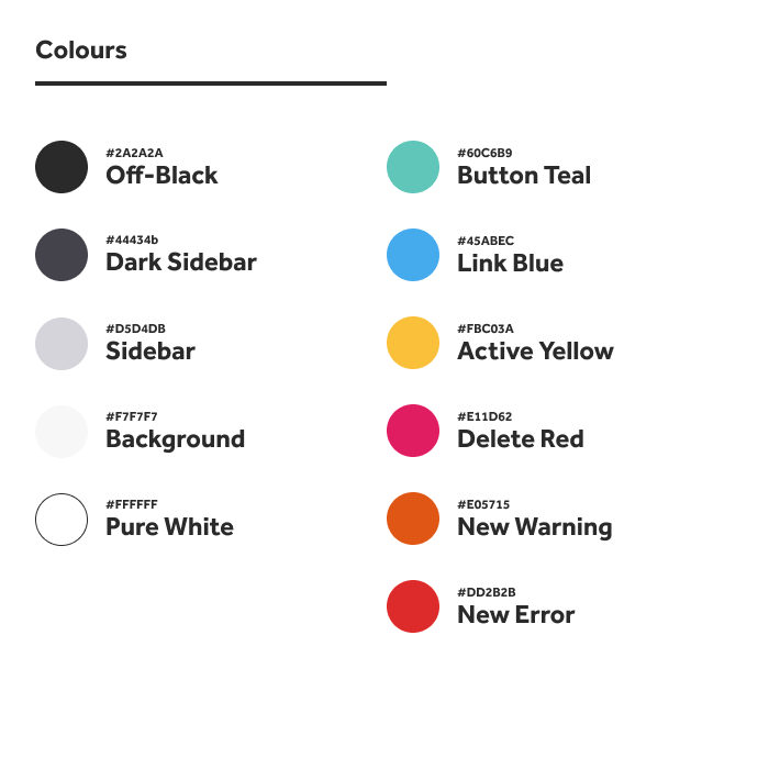 A frame from the design system showing the 4x colour swatches.