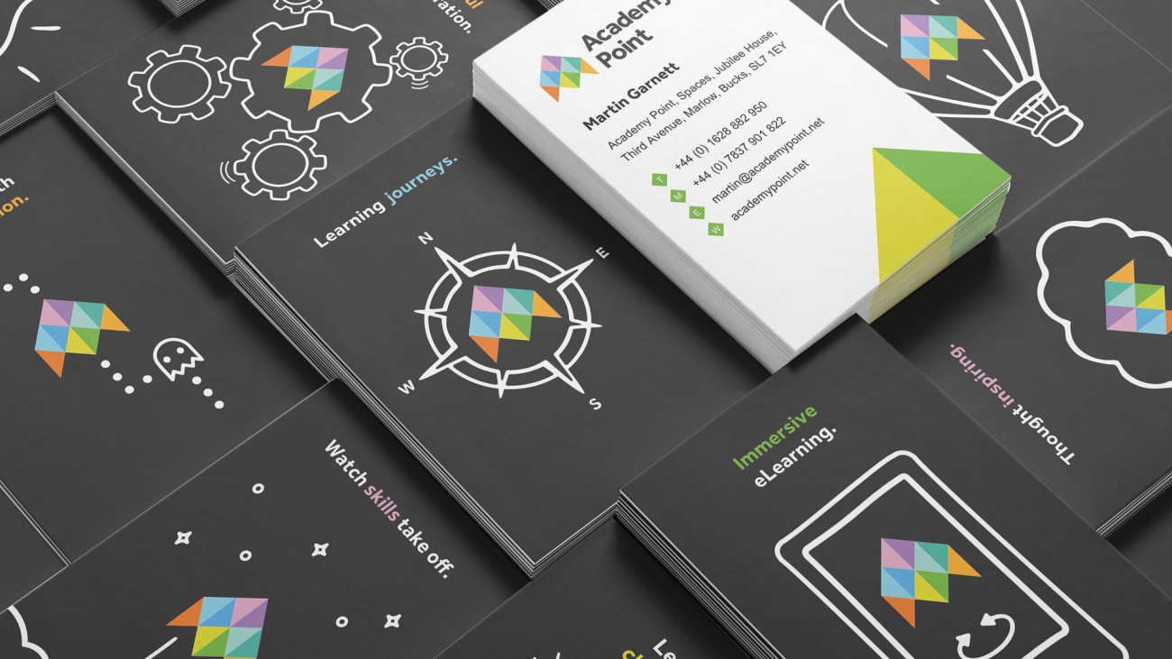 Academy Point business cards with many unique illustrations on the backs.