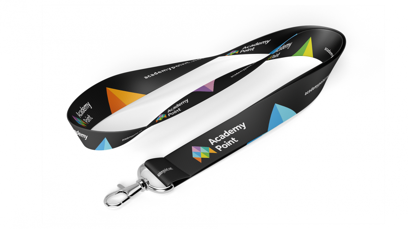 Academy Point branded lanyard. An off-black lanyard with the coloured diamonds and logo on.