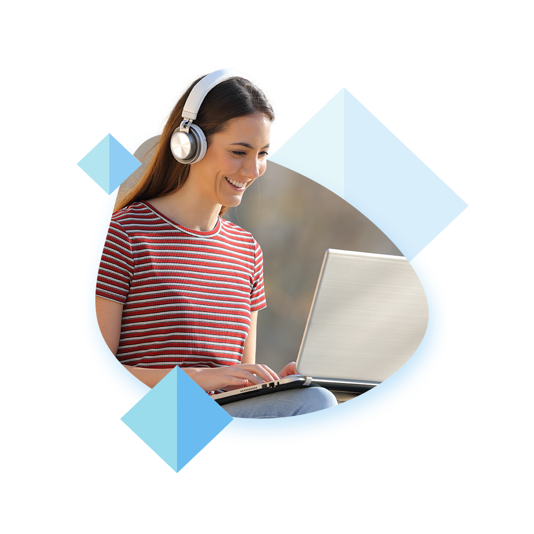 A composition made up with a woman using a laptop in a 'blob' shape surrounded by 3 blue Academy Point diamonds.