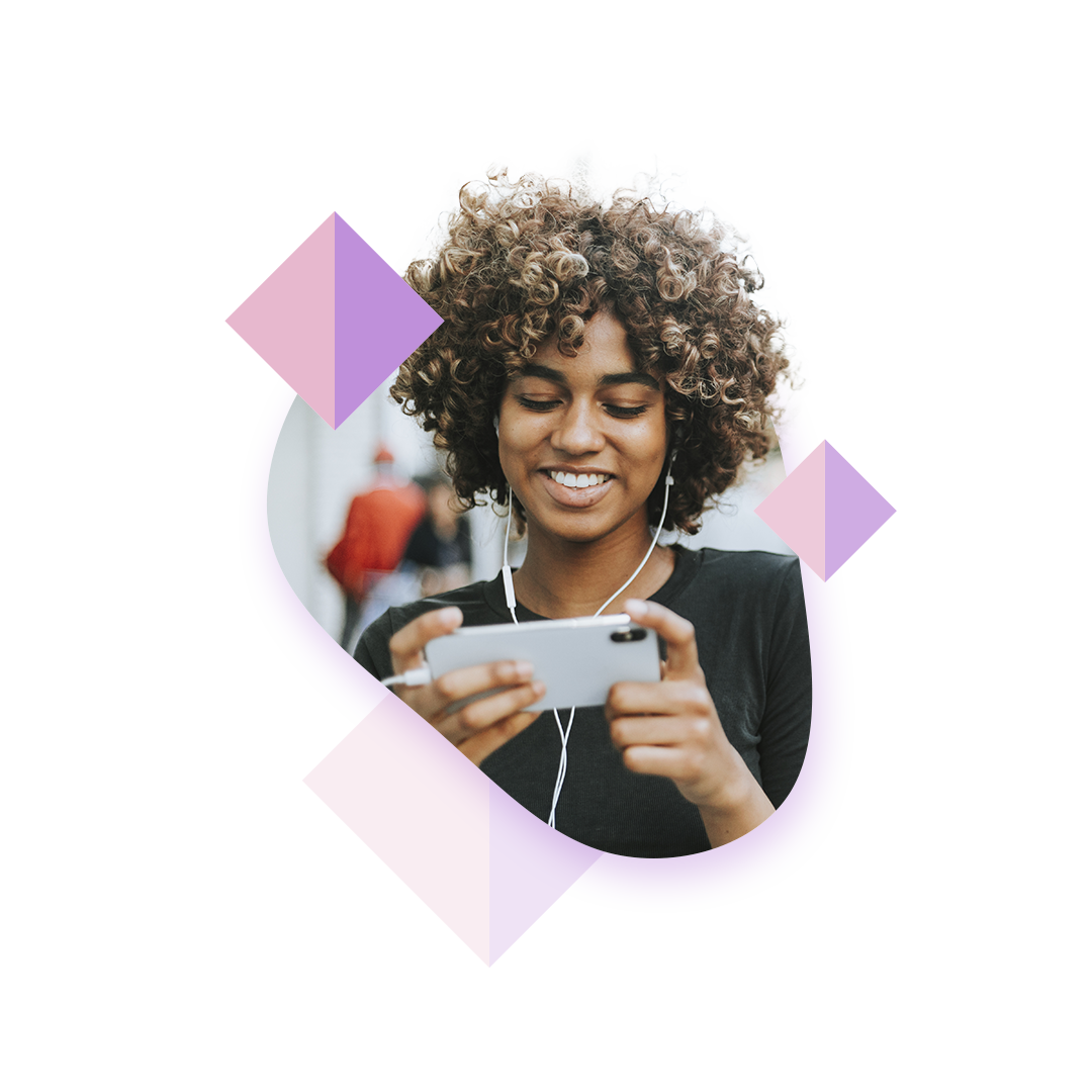 A composition made up with a woman using a phone in a 'blob' shape surrounded by 3 purple Academy Point diamonds.