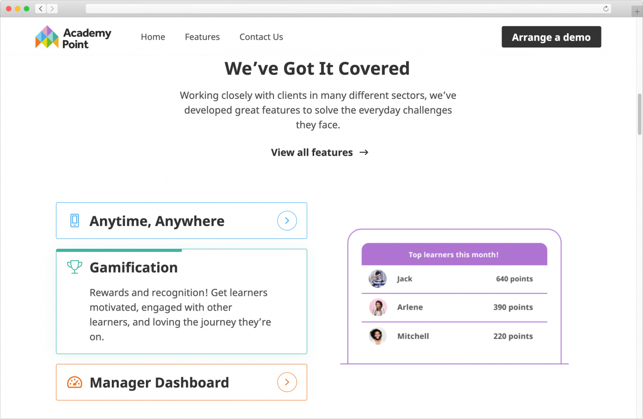A screenshot from the homepage of the website showing a set of features in an accordion. Each feature has its own image on the right to help explain it.