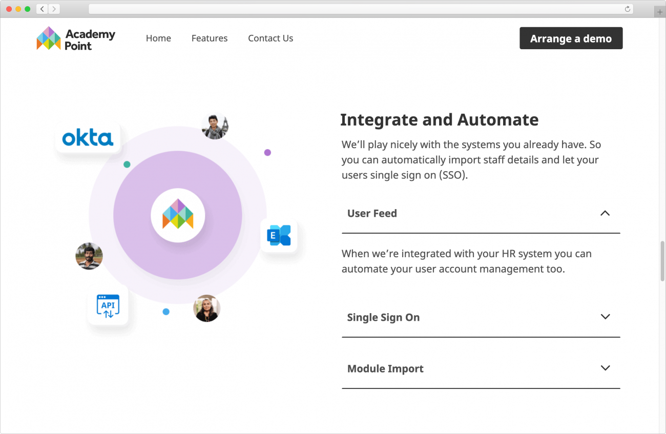 A screenshot of the "Integration and Automation" section on the home page. It shows a graphic on the left that has images of people and logos floating around the Academy Point logo, and an accordion of integration features on the right.