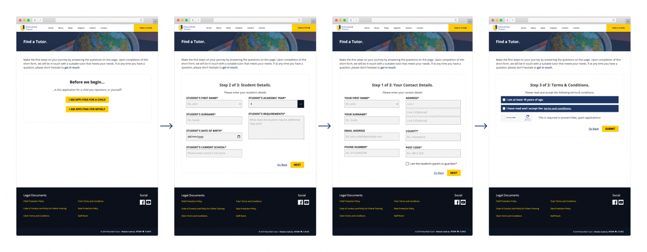 Form designs showing how a long form has been broken down into 3 main steps