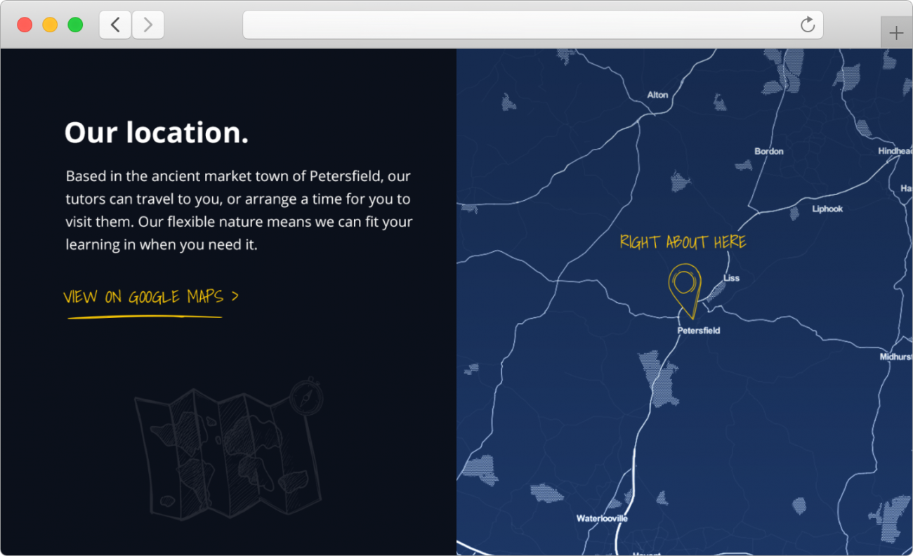 Original 'sketch' design location section that featured an interactive map in a sketched style.