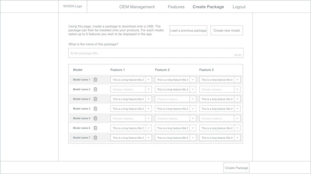 A wireframe for the NVIDIA OEM dashboard create package page