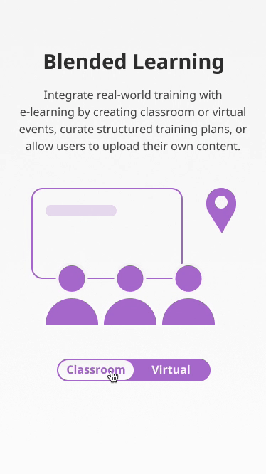 A gif showing an animation created for the blended learning toggle on the website. An illustration morphs from a classroom, to an online meeting.