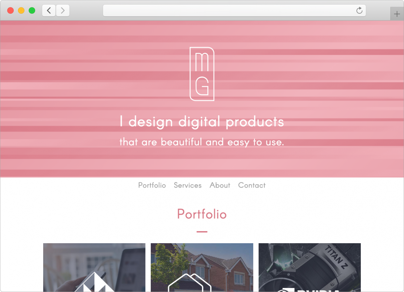 A screenshot of the top part to my last site, showing my pink hero banner, logo, and the top of my old portfolio.