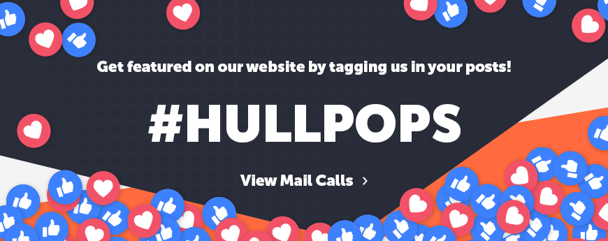 A banner with the words "Get featured on our website by tagging us in your posts! #HULLPOPS". The background is filled with thumbs-up like icons and heart icons.