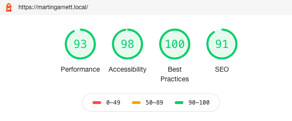 Lighthouse scores for my site on local showing 92 Performance, 98 Accessibility, 93 Best Practices, and 91 SEO