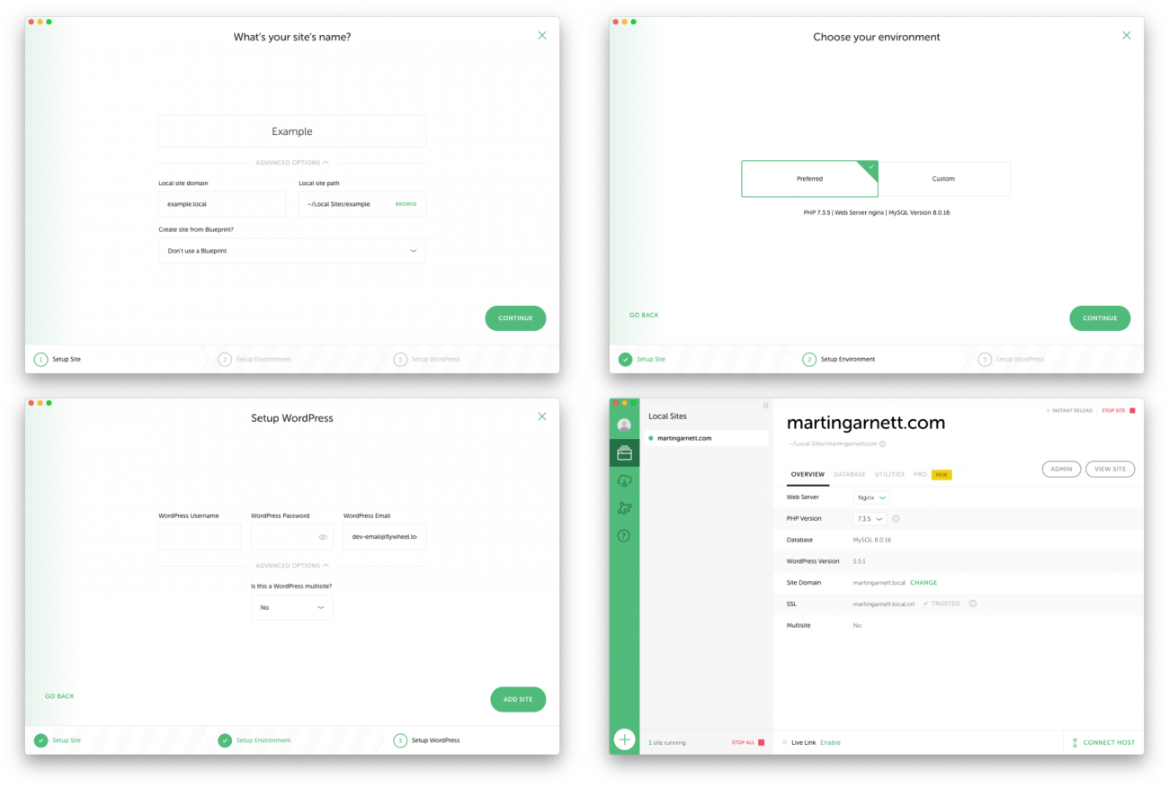 Screenshots of the 3 step process to setup up a WordPress site with Local, and a fourth screenshot to show my site running in it.