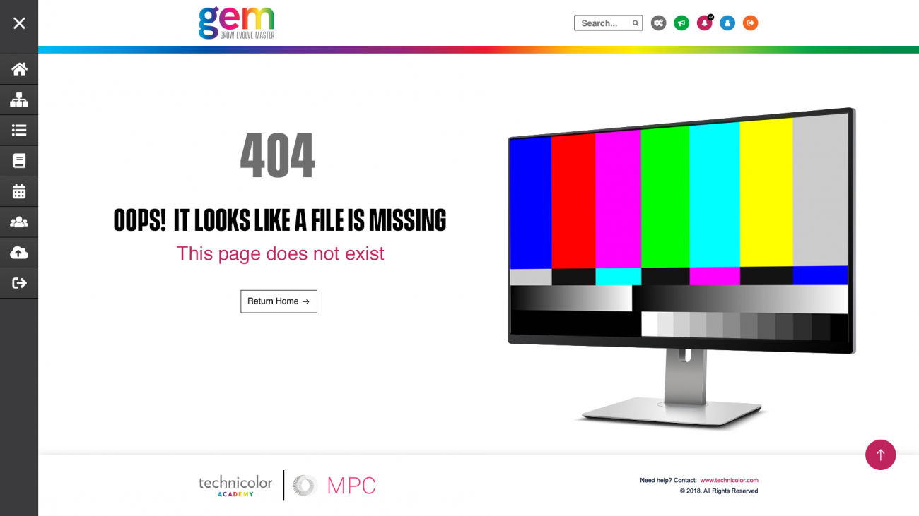 A page with the heading "Oops! It looks like a file is missing" with a picture of the missing file graphic that appears in video production.