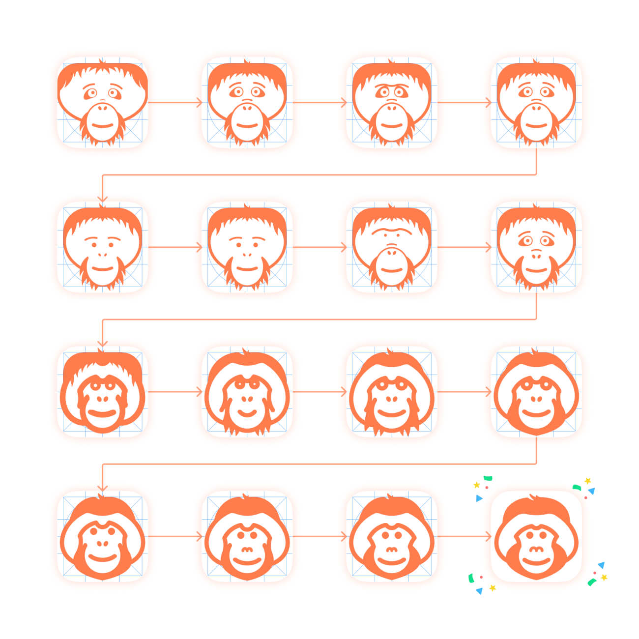 A grid of logos showing the progression of the Pongo Place logo. Starting with a somewhat alien-looking face, it eventually ends up looking like a half-decent orangutan.